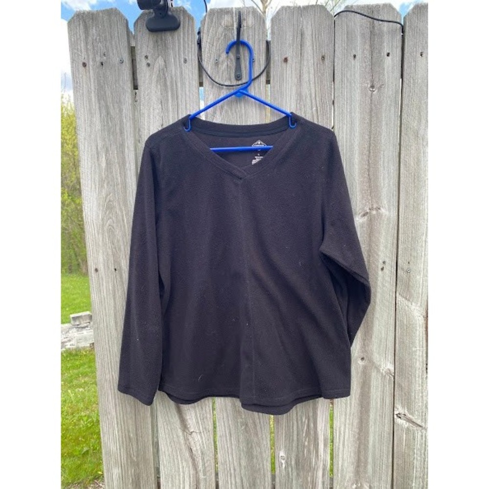 St Johns Bay Womens Black Fleece V-Neck Long Sleeve Pullover Top Size Large